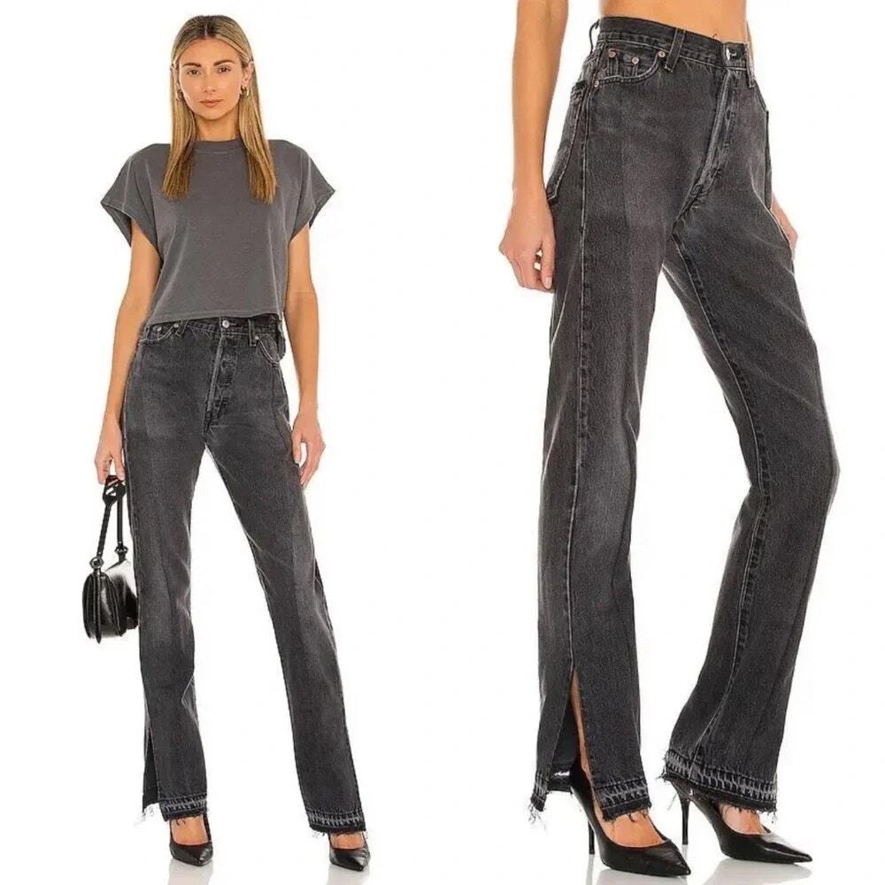 EB Denim Unraveled Two Jean Aged Gray Faded Black Split Hem Pleated SZ 28